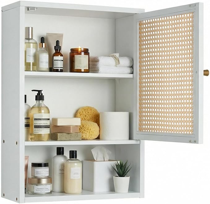 Bathroom Wall Cabinet, Bamboo Medicine Cabinet with Rattan Doors, Adjustable Shelf, Wall Mounted Storage Cabinet for Bathroom, Kitchen, Laundry Room White