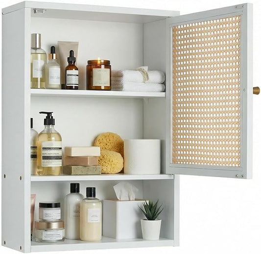 Bathroom Wall Cabinet, Bamboo Medicine Cabinet with Rattan Doors, Adjustable Shelf, Wall Mounted Storage Cabinet for Bathroom, Kitchen, Laundry Room White