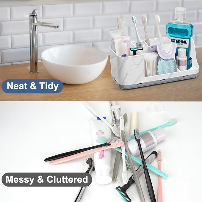 QIYVLOS Bathroom Organizers and Storage, 8 Slots Detachable Toothbrush Holders for Bathrooms, Anti-Slip Bathroom Countertop Organizer with Drainage Hole Vanity Storage (Marble)