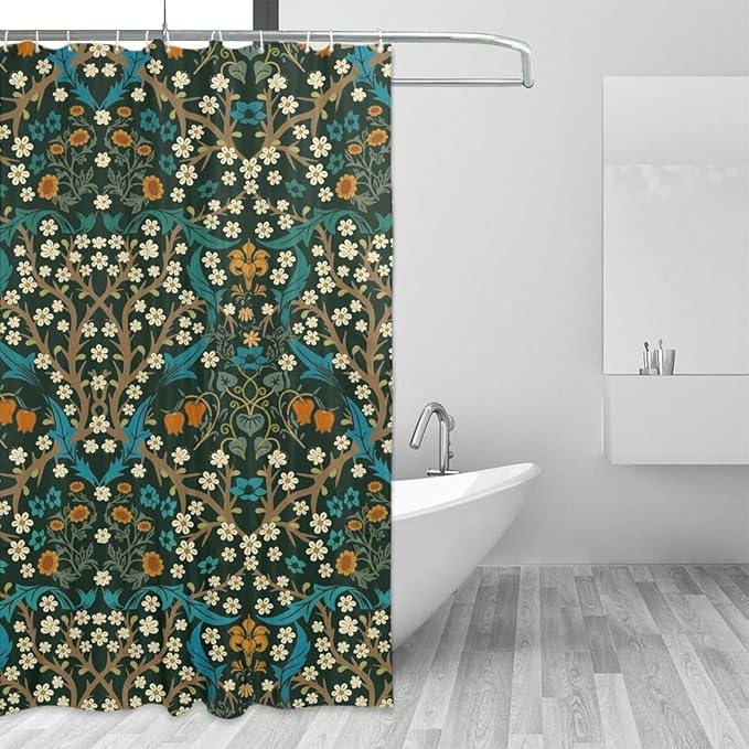 Mid Century Vintage Daisy Waterproof Fabric Shower Curtain,Green Garden Flower William Morris Abstract Art Soft Hotel Quality Cloth Shower Light-Weight & Machine Washable - 72L x72W