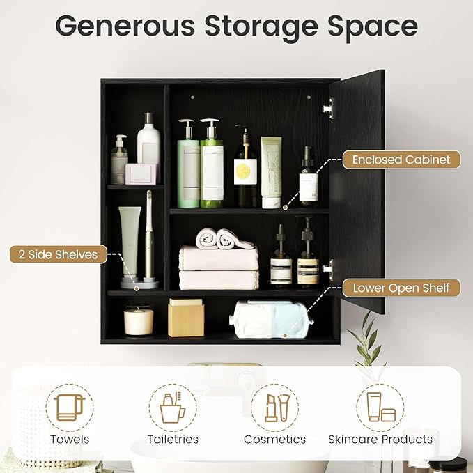 Giantex Bathroom Medicine Cabinet with Mirror, Wall Mounted Medicine Cabinet w/Single Door, 3 Open Shelves & Adjustable Shelf, Space-Saving Hanging Storage Cabinet for Living Room, Hallway (Black)