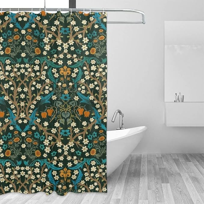 Mid Century Vintage Daisy Fabric Shower Curtain,Green Garden Flower William Morris Abstract Art Hotel Quality,Machine Washable,84L x72W for Bathroom.