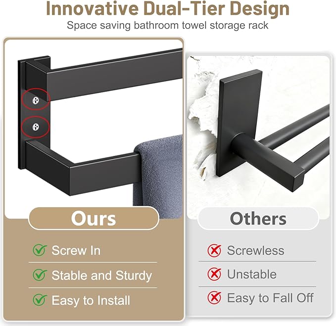 TNOMS Matte Black Double Towel Bar,32 Inch Towel Rack for Bathroom Stainless Steel Towel Holder Wall-Mounted Bathroom Hardware Accessories