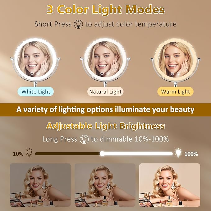 Vanity Mirror with Lights,4000mAh Rechargeable Double Sided Magnifying Mirror with 3 Colors Adjustable,1x/10x Lighted Makeup Mirror,360°Rotation Touch Screen with Memory Function,Women Gift