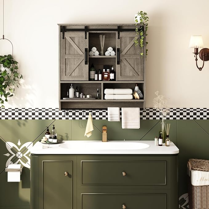 RUSTOWN Farmhouse Bathroom Wall Cabinet,3-Tier Rustic Wood Wall Mounted Cabinets,Vintage Medicine Cabinet with Sliding Barn Door and Adjustable Shelves,Over The Toilet Storage Cabinet (Washed Oak)