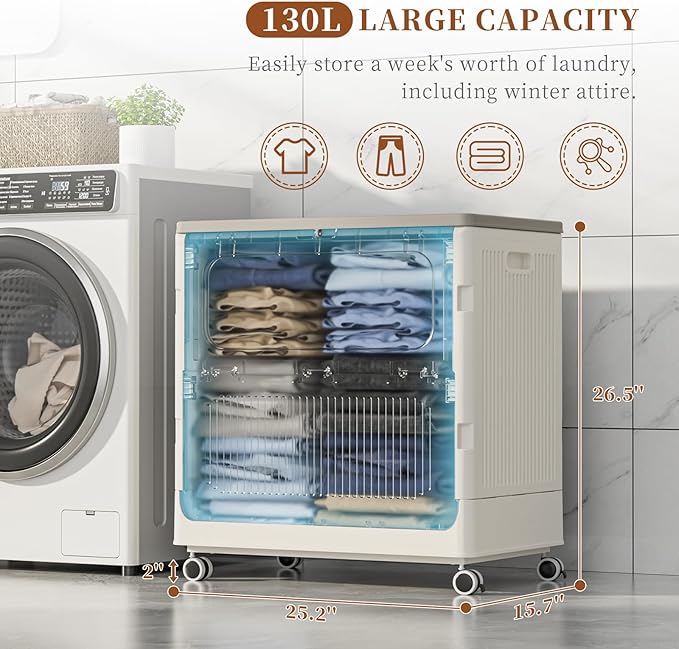 HAIXIN HOME Rolling Laundry Hamper with Lid, 130L Large Capacity Clothes Hampers for Laundry, Plastic Collapsible Laundry Baskets with Wheels and Lid, Install-Free & Easy to Transport to Laundry Room