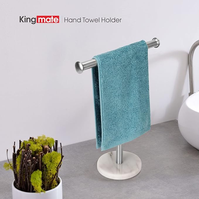 Hand Towel Holder Stand, Natural Marble Base T-Shape Fingertip Towel Rack, Rust-Proof (Brushed Nickel)