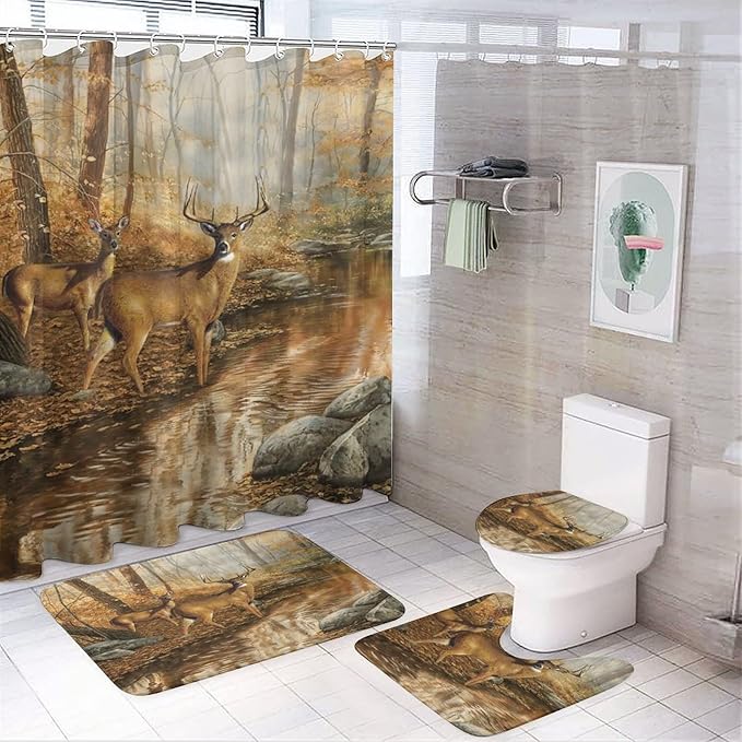 Rustic Cabin Wildlife Deer 4 Piece Shower Curtain Sets, Non-Slip Rugs, Toilet Lid Cover and Bath Mat, Durable and Waterproof, for Bathroom Decor Set One Size