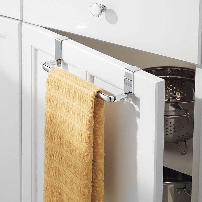 mDesign Steel Metal Wire Over Cabinet Towel Rack Storage Organizer - Hang on Cabinet or Door - Towel Bar Holder for Kitchen - Holds Hand Towels, Washcloths - Spira Collection, 2 Pack, Chrome