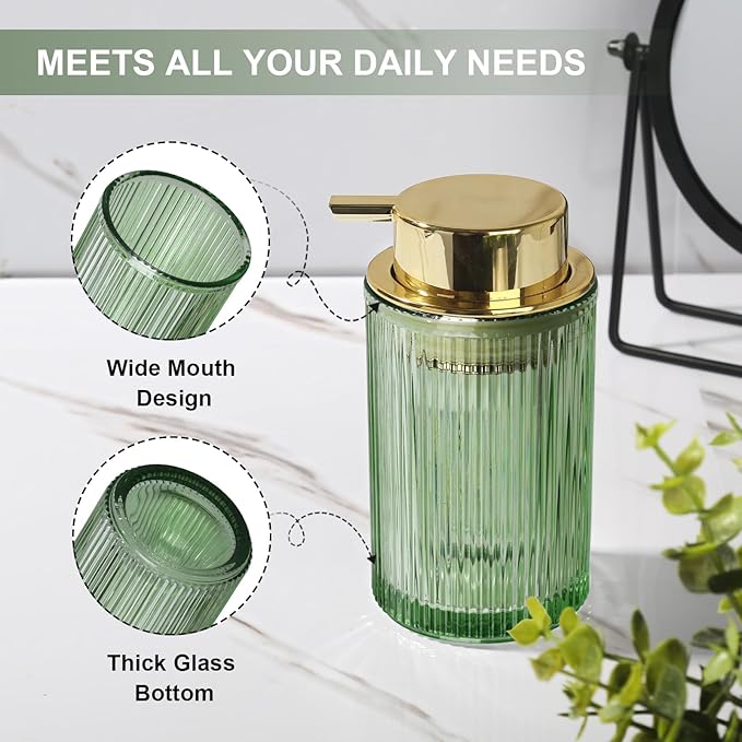 KASUNTING Green Glass Foaming Soap Dispenser, Ribbed Foam Hand Soap Dispenser for Bathroom, 11 Fl Oz Refillable Foaming Pump Bottle with Black Pump, Modern Dish Soap Foam Dispenser