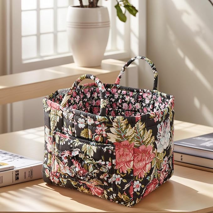 Quilted Fabric Basket Car Storage Basket Boho Floral Laundry Hamper for Nursery Bedroom & Living Room | Organize Clothes Toys