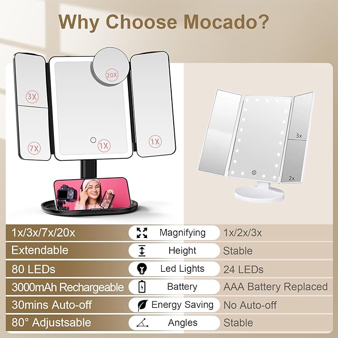 Mocado Makeup Mirror with Lights, 20X/7X/3X Magnifying Mirror with Light,Rechargeable & Height Adjustable Lighted Makeup Mirror,Vanity Mirror with 3 Colors Lights,Detachable Design for Travel(Black)