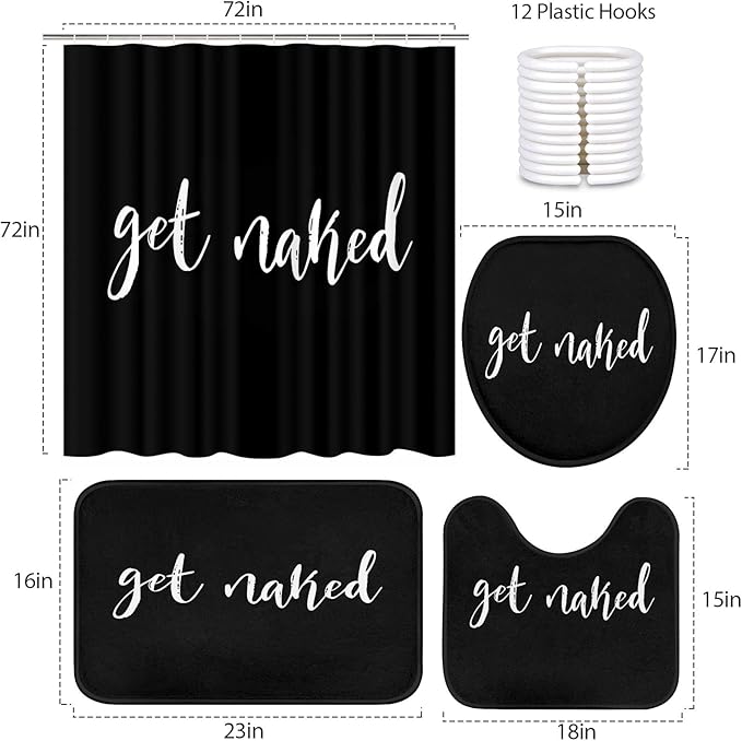 Britimes 4 Piece Shower Curtain Sets with 12 Hooks, Get Naked Black with Non-Slip Rugs, Toilet Lid Cover and Bath Mat for Bathroom Decor Set 72" x 72"