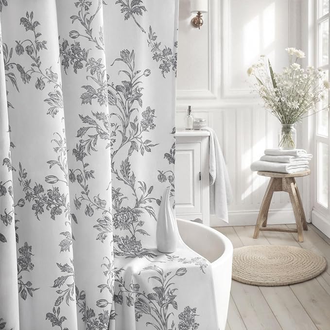 Grey Floral Shower Curtain,Vintage Cotton Cottagecore Gray Shower Curtains for Bathroom, 72" W x 72" L