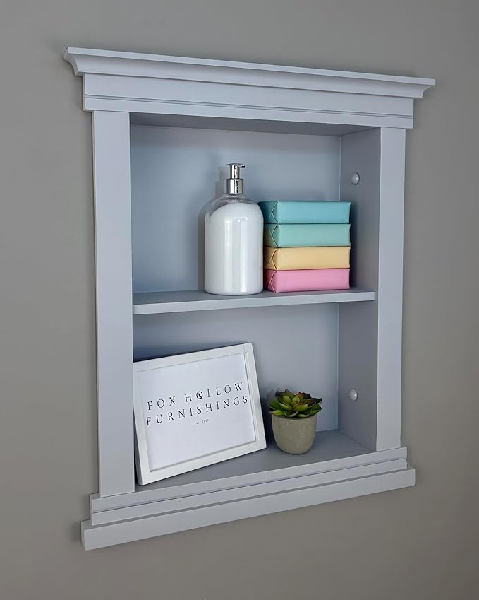 Fox Hollow Furnishings 14x18 Elliot Craftsman Recessed Wood Wall Niche, Open Medicine Cabinet Replacement, in The Wall Bathroom Cabinet Insert Shelves, Made in North America, NO MDF, Plain, Light Gray