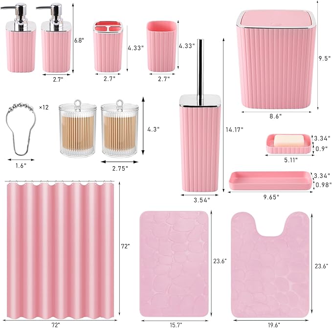 XLHOMO Bathroom Set with Shower Curtain and Rugs- 25PC Pink Bathroom Accessories, Shower Curtain Set, Toilet Brush, Trash Can, Qtip Holder & Soap Dispenser