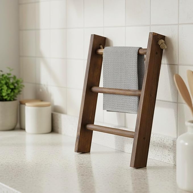 MyGift Rustic Dark Brown Wood Wall Hanging 3 Tier Hand Towel Ladder Rack, Bathroom Towel Storage Rack with Top Rope