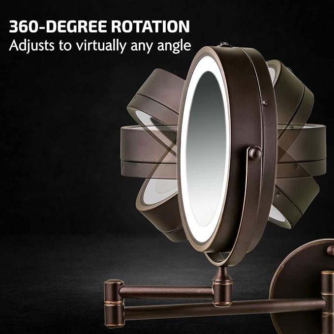OVENTE Wall Mounted Lighted Makeup Mirror, 7" Double Sided 1X/7X Magnifying Vanity Mirror for Bathroom with LED Lights, Cordless, 360° Rotation and 13" Extendable Arm, Antique Bronze MFW70ABZ1X7X