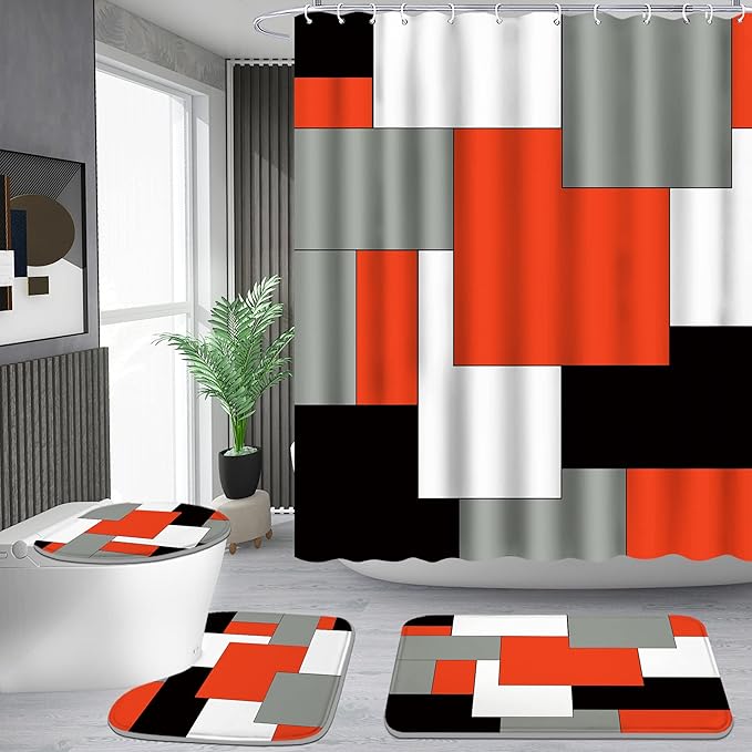 Poedist 4 Pcs Bathroom Decor Shower Curtain Set with Rugs and Accessories,Red and Black Geometric Squares Shower Curtain Sets Include Bath Mat,U Shape and Toilet Lid Cover Mat,with 12 Durable Hooks