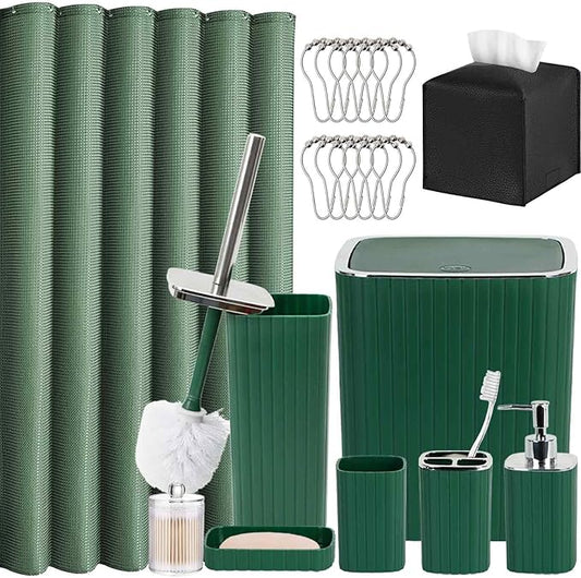Bathroom Accessories Set, 21Pcs Green&Silver Bathroom Set, Including Shower Curtain, Toothbrush Holder, Trash Can, Toilet Brush, Bathroom Soap Dispenser Set for Bathroom Decor