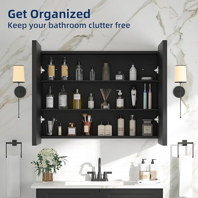 Bathroom Medicine Cabinet with Mirror 24 x 30 Inch, Black Medicine Cabinet Recessed or Surface Wall-Mounted, Mirrored Cabinets with Sturdy Metal Adjustable Shelves for Bathroom Vanity