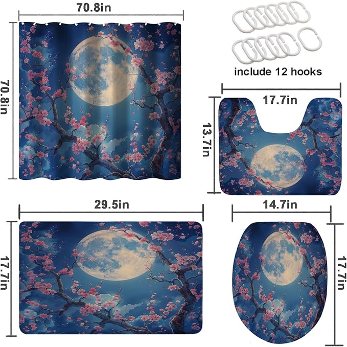 Cherry Blossoms Shower Curtain Set with Rug, Toilet Lid Cover and Bath Mat, Night Sky Moon Japanese Anime Bathroom Decor Sets Accessories with 12 Hooks