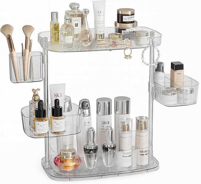Clear Acrylic Makeup Organizer, Multi-Tier Cosmetic Storage Rack with Side Containers, Large Capacity Skincare Holder for Bathroom Counter, Vanity & Desk