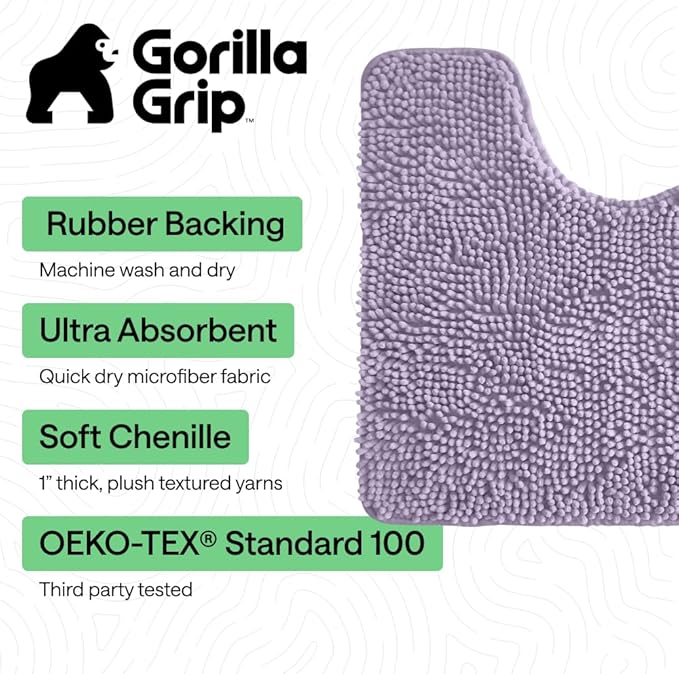 GORILLA GRIP Plush Absorbent Shaggy Chenille Bath Rug Mat for Oval Toilet Base with Rubber Backing, Machine Washable Rugs, Soft Microfiber Contour Mats for Toilets, Bathroom Decor, Lt Purple