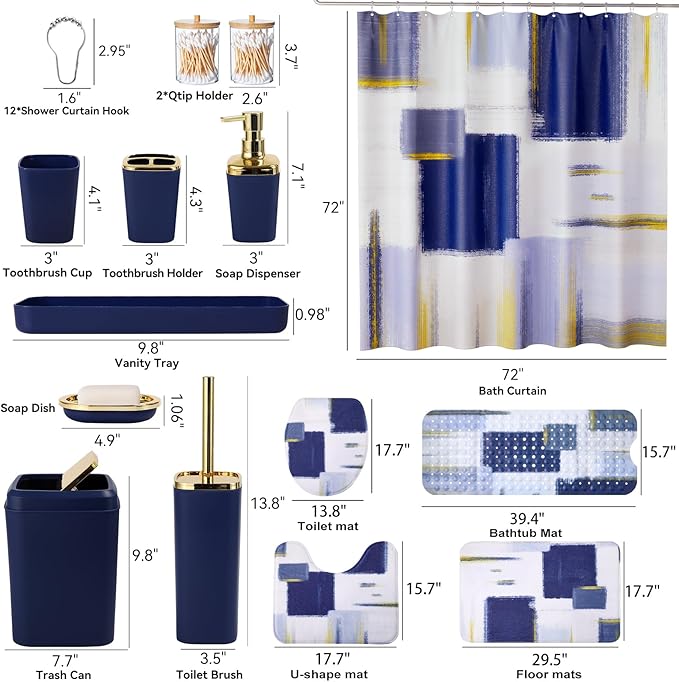XLHOMO Bathroom Accessories Set - 26PCS Navy Blue Bathroom Set, Bathroom Accessory Set with Shower Curtain and Rugs and Bathtub Mats for Home