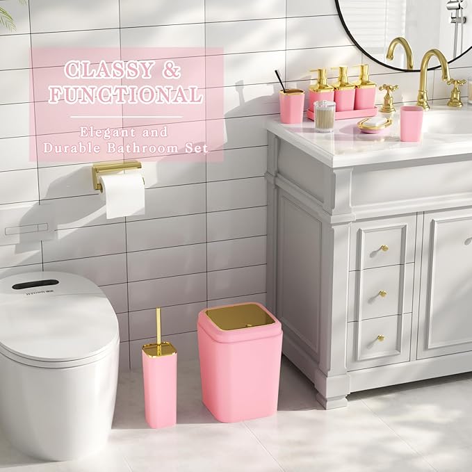 Bathroom Set — Bathroom Accessories Set, 11PC Bathroom Accessory Set, Pink Bathroom Set with Push-lid Trash Can, 3PC Soap Dispensers, Toilet Brush & Qtip Holders