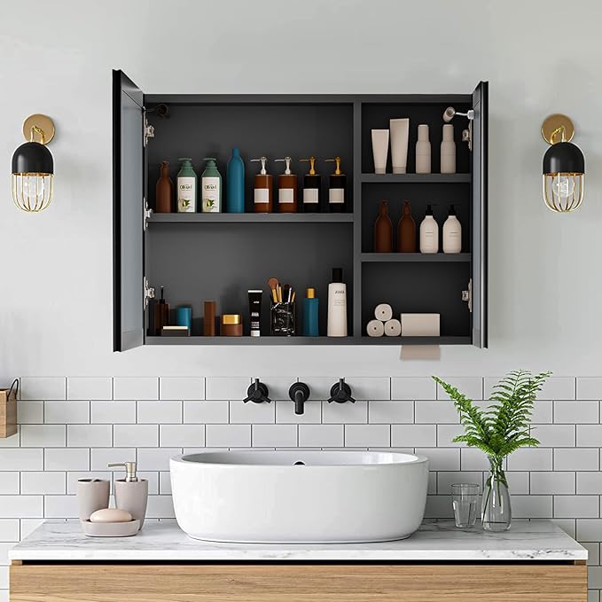 24x32 Inch Bathroom Medicine Cabinet with Mirror, Pre-Assembled Bathroom Medicine Cabinets, Surface/Recessed Wall Mounted Farmhouse Large Medicine Cabinet, Black