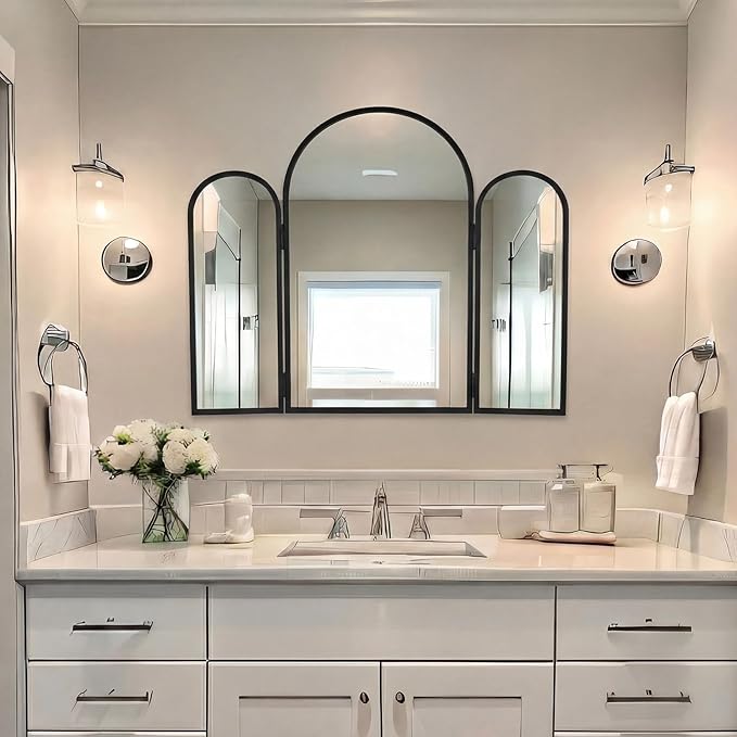 Wonderjune Trifold Vanity Mirrors 3 Way, 30 x 37 in Adjustable Arch Trifold Mirror for Bathroom Bedroom, Decorative Folding 3 Sided Mirror Wall Mounted for Braiding Hair Makeup (Black)