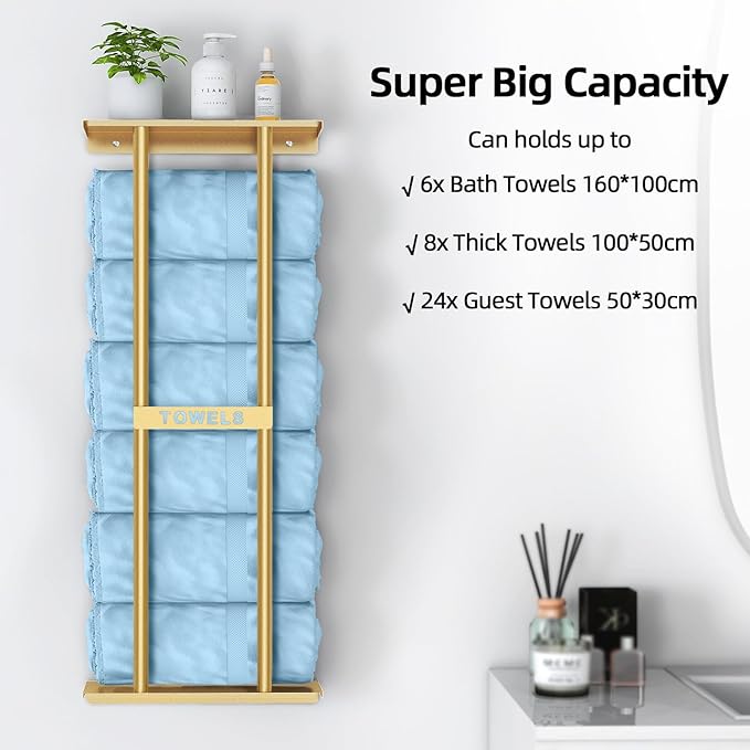 Bathroom Towel Storage Rack for Bathroom, 30 inch Towel Racks Wall Mounted with Shelf Can Holds 6 Large Towels, Wall Towel Rack for Rolled Towels, Gold