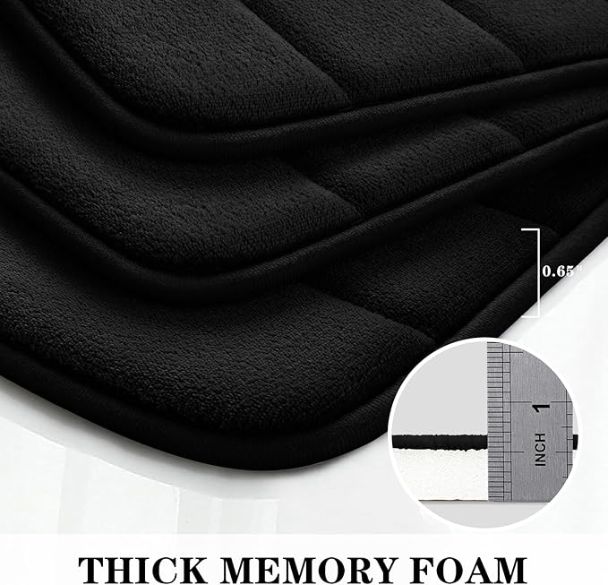 BYSURE Black Memory Foam Bathroom Rug Set 3 Piece, Non Slip Extra Soft Absorbent Washable & Dry Toilet Bath Mat Sets