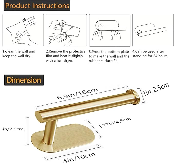 JOPOFI Toilet Paper Holder - Self Adhesive Toilet Paper Holder Wall Mount for Bathroom, SUS 304 Stainless Steel Command Strip Toilet Paper Roll Holder Stick On Wall, No Drilling - Brushed Gold