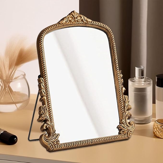 TenFuju Small Gold Vintage Vanity Mirror, Antique Gold Wooden Framed Standing Tabletop Mirror, Traditional Chic Arch Makeup Mirror for Living Room, Bedroom, Bathroom, or Office Decor, 11.8" x 9.6"