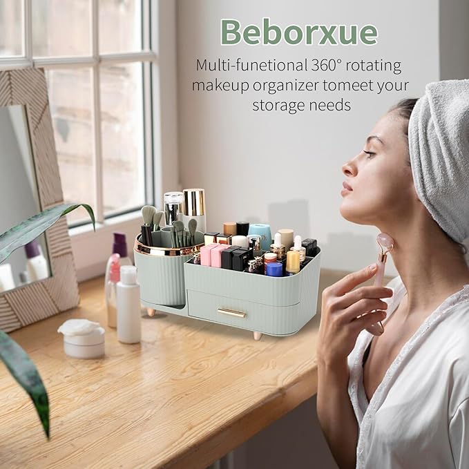 Beborxue 360?? Rotating Makeup Organizer for Vanity with Drawers, Large Capacity Cosmetic Display Case, skincare organizer, Cosmetic Organizer for Lipstick, Skincare, Brushes, Eyeshadow, (Green)