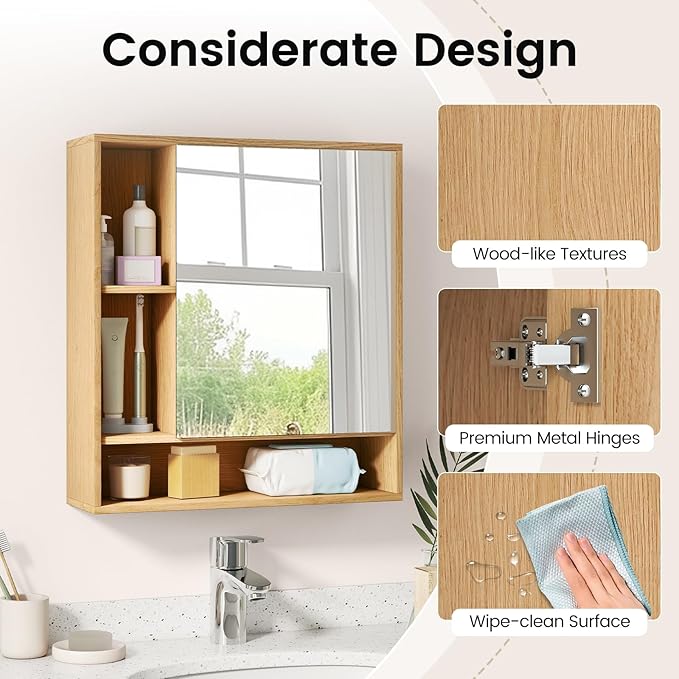 Giantex Bathroom Medicine Cabinet with Mirror, Wall Mounted Medicine Cabinet w/Single Door, 3 Open Shelves & Adjustable Shelf, Space-Saving Hanging Storage Cabinet for Living Room, Hallway (Natural)