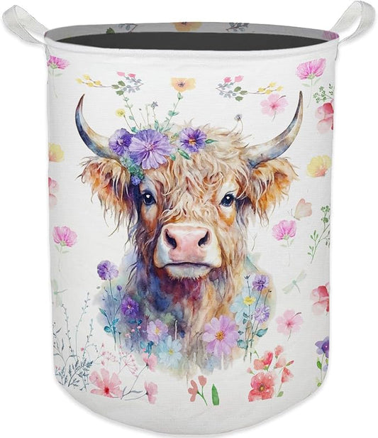 Floral Highland Cow Laundry Basket, Toybox for Girls Room, Gifts for Cow Lovers Women Laundry Hamper Waterproof Collapsible Storage Bin Organizer for Bedroom Bathroom Girls Room Dorm