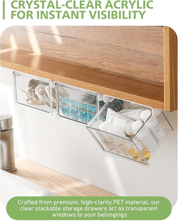 BALUCA Small Clear Stackable Storage Drawers ?€? 33?? Angled Acrylic Makeup Organizer for Vanity, Undersink & Kitchen Cabinets | Multi-Purpose Plastic Storage Bins & Drawer Organizer Bins (Small)