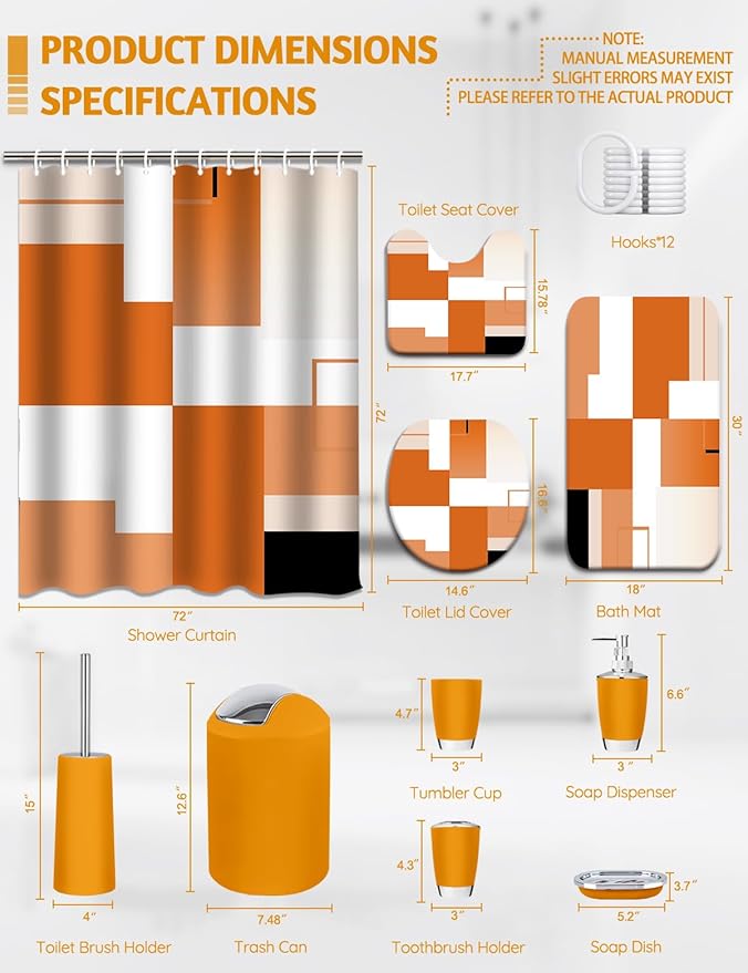 Lnond Orange Bathroom Set, 22-Piece Orange Abstract Bathroom Decor Set with with Shower Curtain and Rugs, Trash Can, Toilet Brush Holder Set & Soap Dispenser