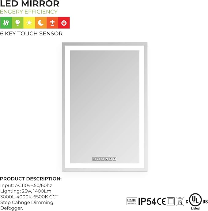 24x36 Inch Rectangular LED Bathroom Mirror with Lights Front and Backlit, 3 Color Modes, Touch Dimmer, Anti-Fog - Wall Mounted Vanity Mirror for Bathroom, Bedroom - Fab Glass and Mirror