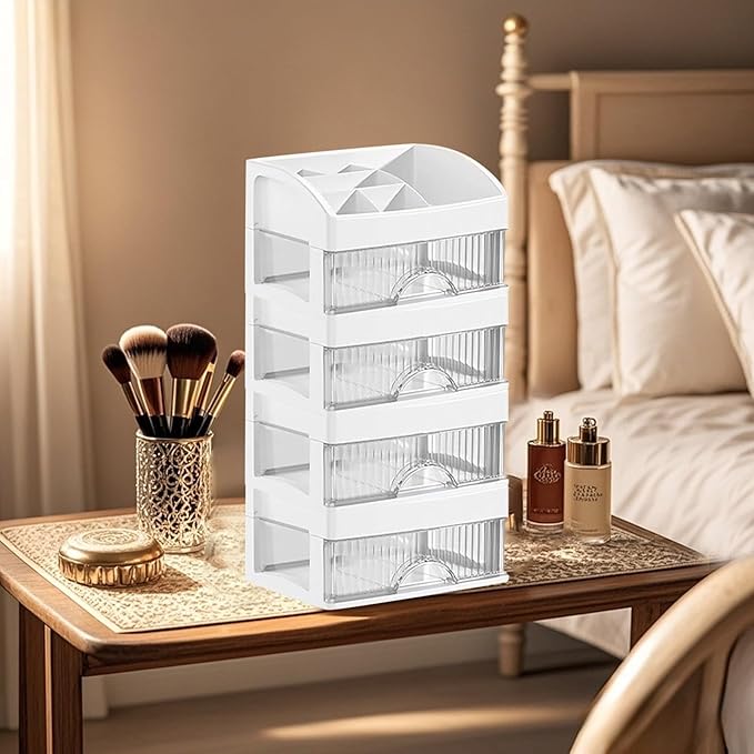 Makeup and Jewelry Organizer-Multilayer Transparent Drawer Storage,Desk Drawer Organizer-Cosmetics Jewelry Storage Cabinet,Desktop Rack for Stationery | Household Storage,for School Home (white, L)
