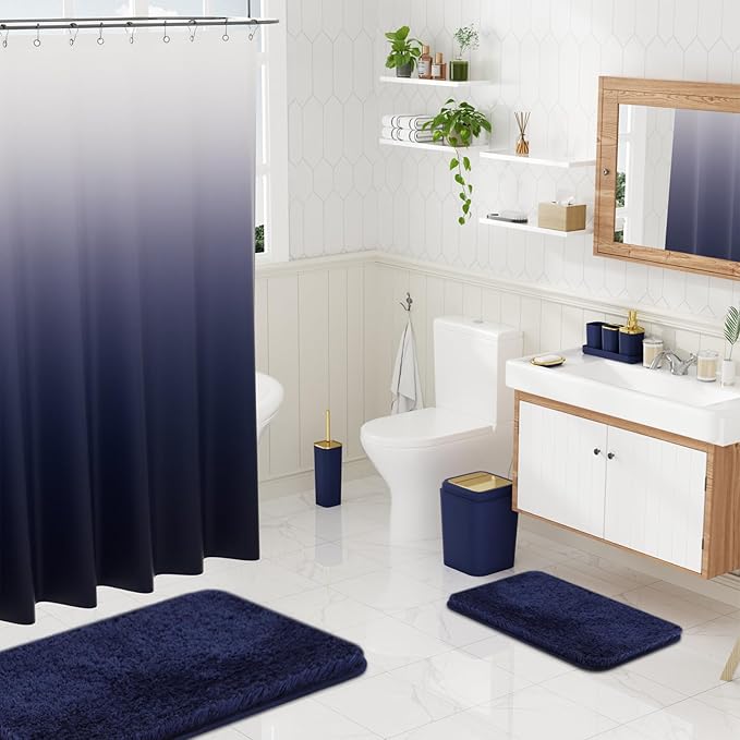 XLHOMO Bathroom Set - Navy Blue Bathroom Sets with Shower Curtain and Rugs, 24PCS Shower Curtain Set with Hooks, Soap Dispenser, Soap Dish, Toilet Brush Holder and Trash Can for Housewarming