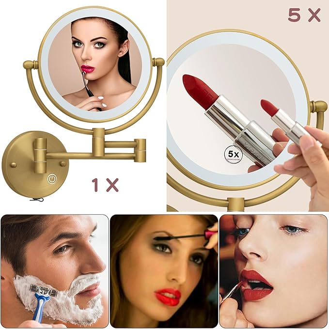 Brass Wall Mounted Makeup Mirror with Lights and Magnification, Rechargeable Lighted Magnifying Mirror Wall Mount with 1X and 5X, Brushed Antique Brass Bathroom Arts Ware