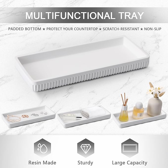 XLHOMO Resin White Bathroom Accessories Set 5 Pcs, Lotion Soap Dispenser, Toothbrush Holder, Bathroom Tumbler, Qtip Holder and Vanity Tray, Bathroom Countertop Organizer Set for Modern Home Apartment