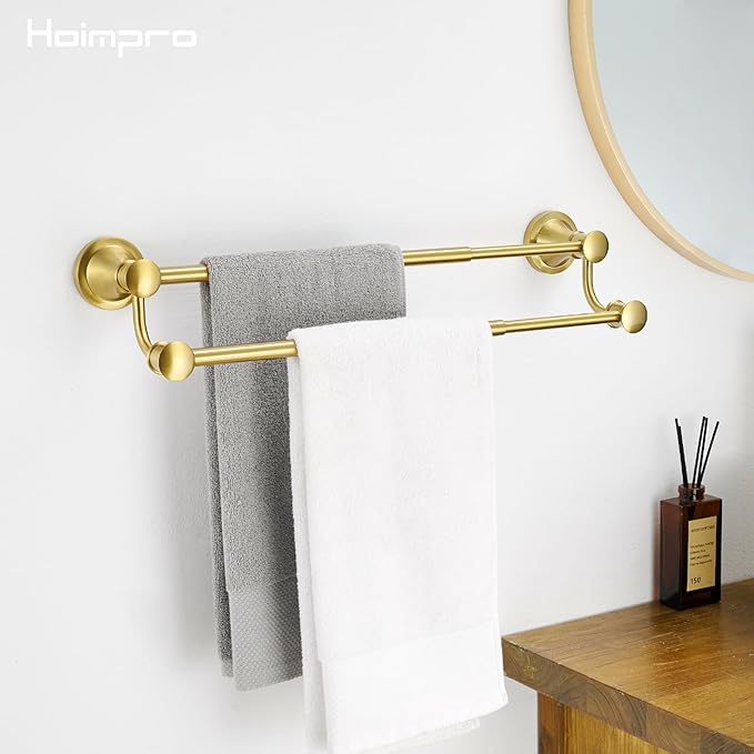 Hoimpro Adjustable Retractable 15-27 Inches Stainless Steel Bathroom Towel Bar, Bathroom Accessories Bath Hotel Double Towel Bar Rod Hanger Wall Mounted Towel Holder Towel Rack, Brushed Gold