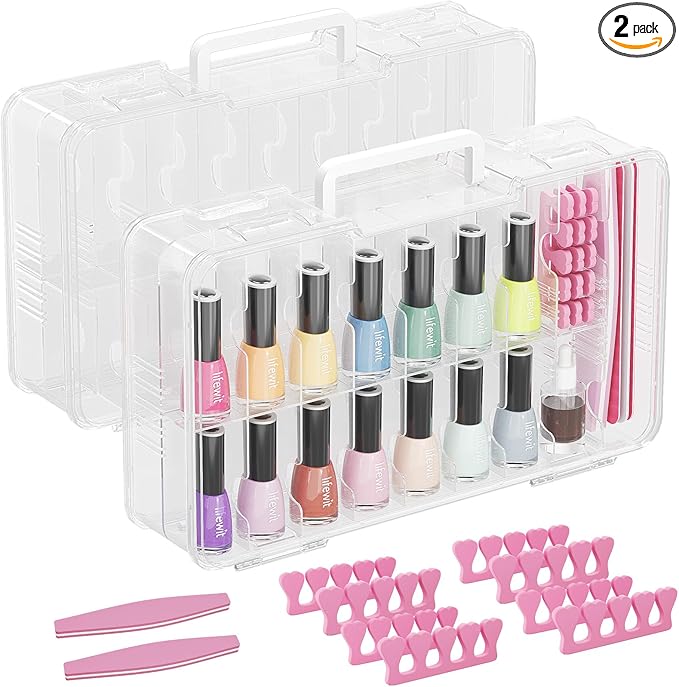 Lifewit Nail Polish Organizer Case for 36 Bottles with 8 Adjustable Sections, Portable Sturdy Gel Nail Polish Storage Holder with 4 Nail Separators, Clear, 33 × 8 × 20 cm/13 x 3 x 8 inch, 2 Pack