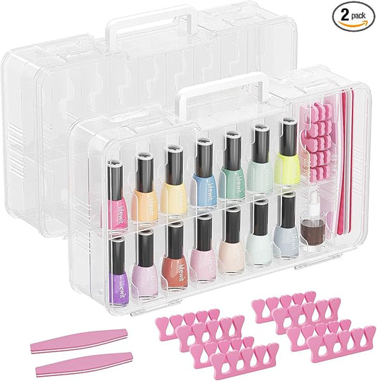 Lifewit Nail Polish Organizer Case for 36 Bottles with 8 Adjustable Sections, Portable Sturdy Gel Nail Polish Storage Holder with 4 Nail Separators, Clear, 33 × 8 × 20 cm/13 x 3 x 8 inch, 2 Pack