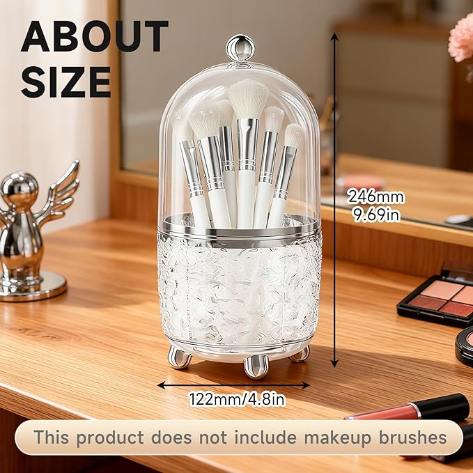 Makeup Brush Holder with Lid, Cosmetic Tools Organizer with Cover, 360° Rotating Sliding Opening Dustproof Brushes Container for Vanity, Ideal Gift for Girlfriend Wife Friends (Silver)